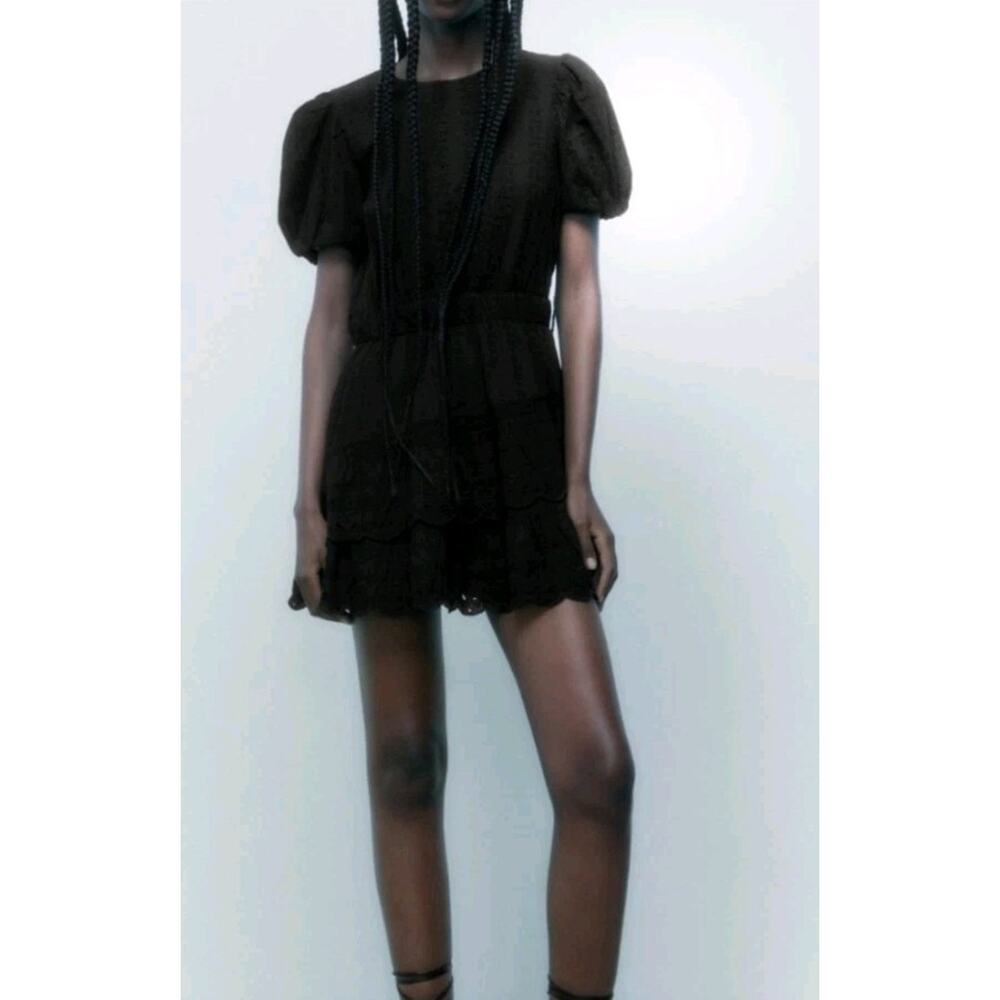 ZARA Dress Swiss Dot Embroidered Eyelet Lace Layered Black Cotton Size Small